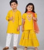 Yellow embroidered silk sharara set & kurta pyjama brother sister matching combo