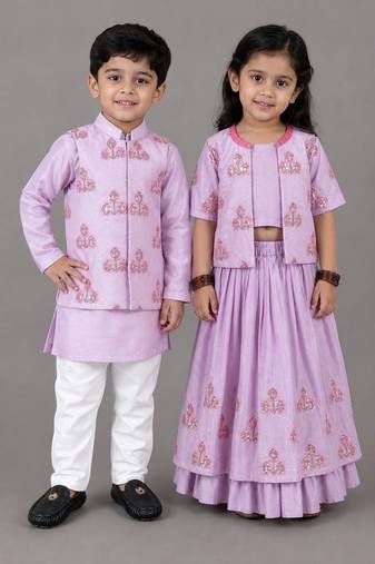 Lavender embroidered cotton silk lehenga choli & kurta jacket brother sister matching combo