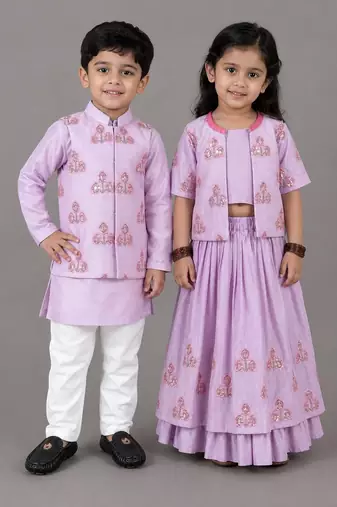 Lavender embroidered cotton silk lehenga choli & kurta jacket brother sister matching combo