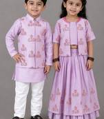 Lavender embroidered cotton silk lehenga choli & kurta jacket brother sister matching combo