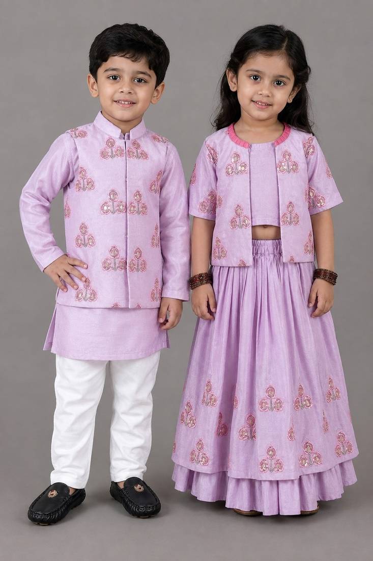 Lavender embroidered cotton silk lehenga choli & kurta jacket brother sister matching combo