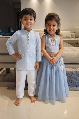 Powder blue embroidered tissue lehenga choli & kurta pyjama brother sister matching combo
