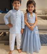 Powder blue embroidered tissue lehenga choli & kurta pyjama brother sister matching combo