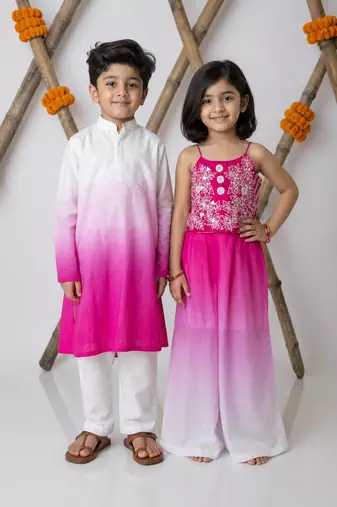 Pink & white handwoven cotton ethnic set & kurta pyjama brother sister matching combo