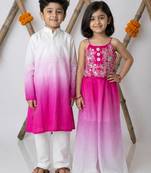Pink & white handwoven cotton ethnic set & kurta pyjama brother sister matching combo