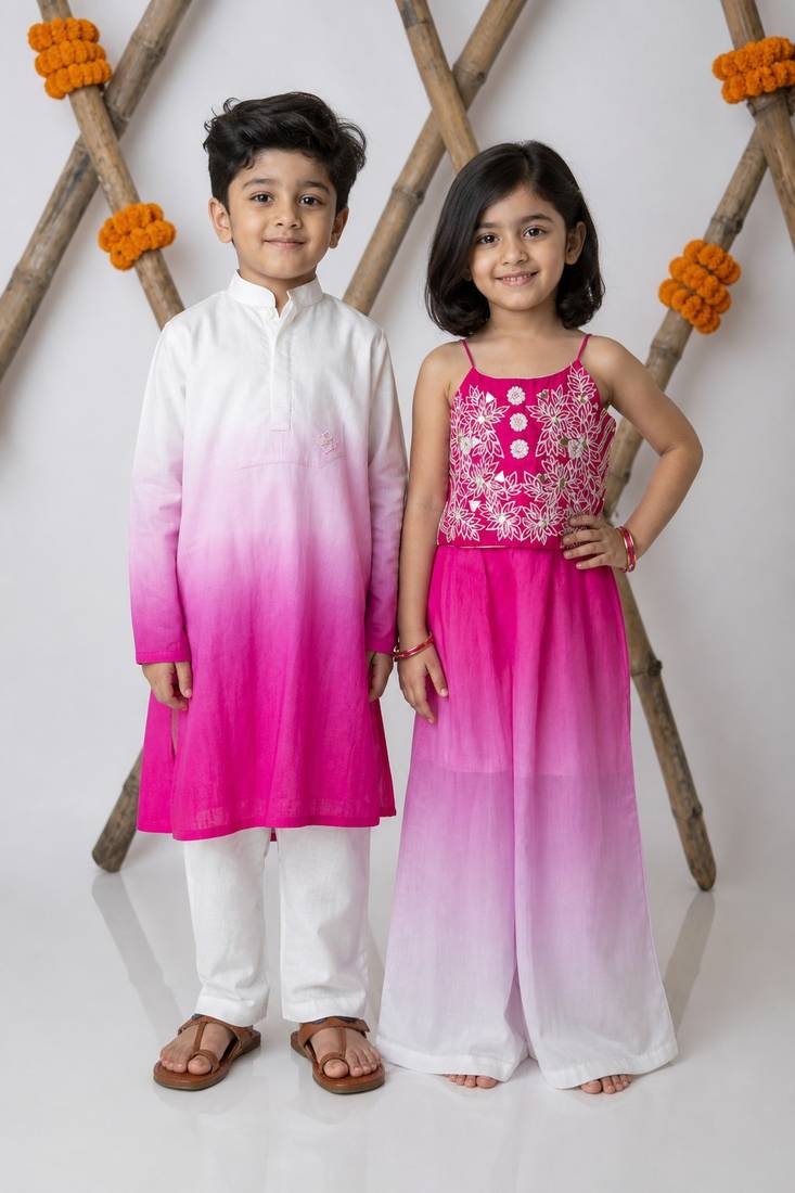 Pink & white handwoven cotton ethnic set & kurta pyjama brother sister matching combo