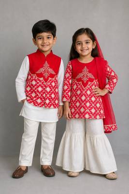 Red embroidered brocade kurta patiala set & kurta jacket brother sister matching combo 1