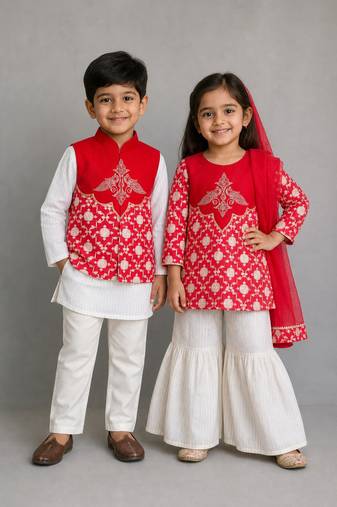 Red embroidered brocade kurta patiala set & kurta jacket brother sister matching combo