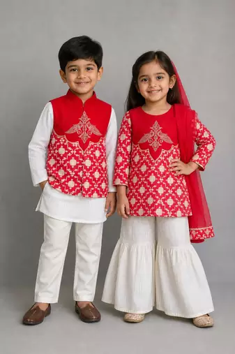 Red embroidered brocade kurta patiala set & kurta jacket brother sister matching combo