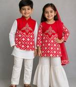Red embroidered brocade kurta patiala set & kurta jacket brother sister matching combo