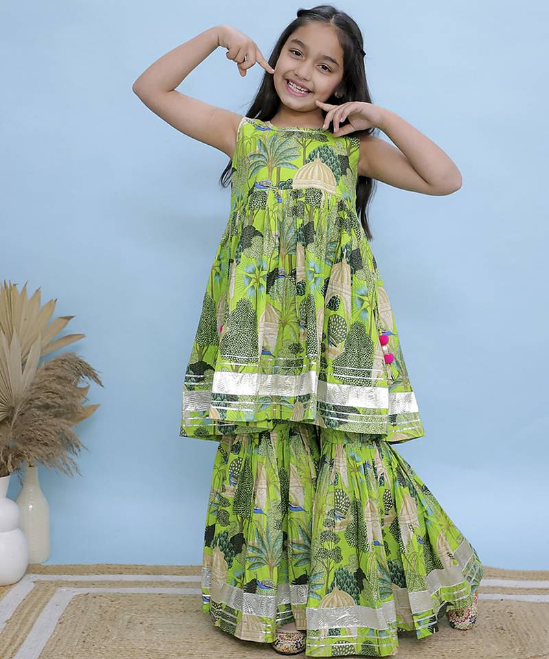 Green printed cotton sharara set & kurta pyjama brother sister matching combo