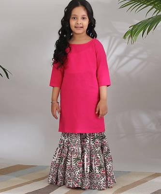 Pink & white woven cotton sharara set & kurta pant brother sister matching combo 2