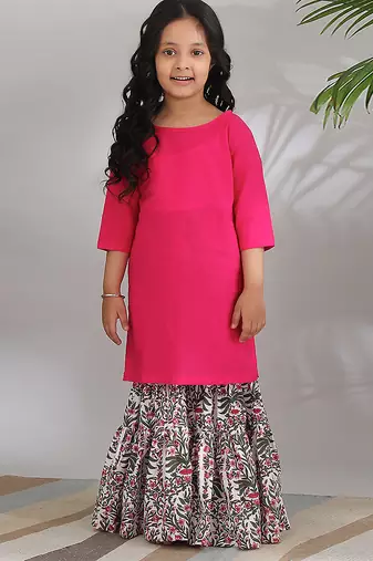 Pink & white woven cotton sharara set & kurta pant brother sister matching combo