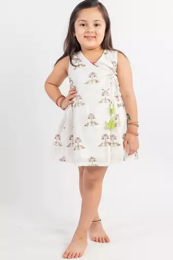White printed cotton dress & kurta jacket brother sister matching combo