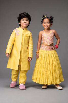 Yellow embroidered & solid chanderi lehenga choli & kurta pant brother sister matching combo 1