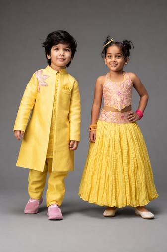 Yellow embroidered & solid chanderi lehenga choli & kurta pant brother sister matching combo
