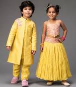 Yellow embroidered & solid chanderi lehenga choli & kurta pant brother sister matching combo