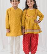 Yellow bandhani printed cotton kurta salwar set & kurta pyjama brother sister matching combo