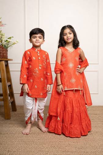 Orange embroidered chanderi silk sharara set & dhoti kurta brother sister matching combo