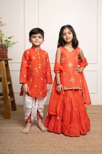 Orange embroidered chanderi silk sharara set & dhoti kurta brother sister matching combo