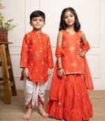 Orange embroidered chanderi silk sharara set & dhoti kurta brother sister matching combo