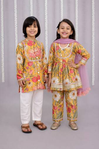 Yellow printed cotton silk kurta set & kurta pant brother sister matching combo