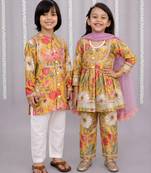Yellow printed cotton silk kurta set & kurta pant brother sister matching combo