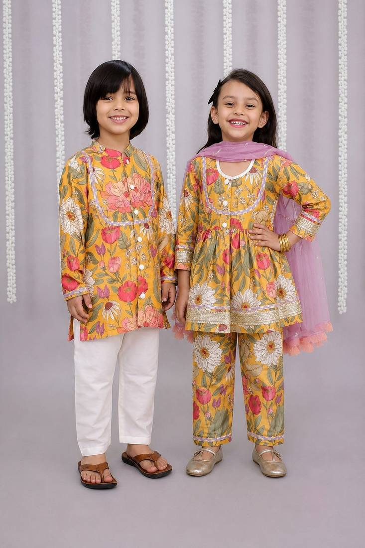Yellow printed cotton silk kurta set & kurta pant brother sister matching combo