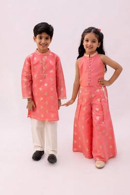 Peach printed chanderi co-ord set & kurta pant brother sister matching combo 1