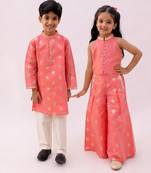 Peach printed chanderi co-ord set & kurta pant brother sister matching combo