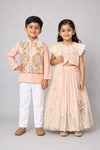 Pink zari embroidered organza lehenga choli & kurta jacket brother sister matching combo