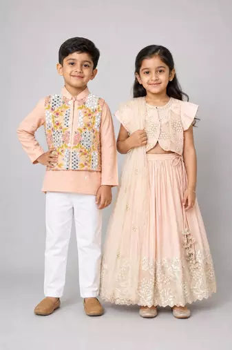 Pink zari embroidered organza lehenga choli & kurta jacket brother sister matching combo