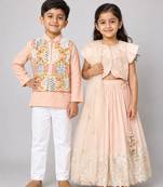 Pink zari embroidered organza lehenga choli & kurta jacket brother sister matching combo