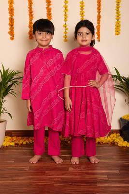 Pink handwoven & printed cotton anarkali set & kurta pyjama brother sister matching combo 1