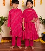 Pink handwoven & printed cotton anarkali set & kurta pyjama brother sister matching combo