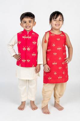 Orange & pink embroidered cotton kurta set & kurta jacket brother sister matching combo 1