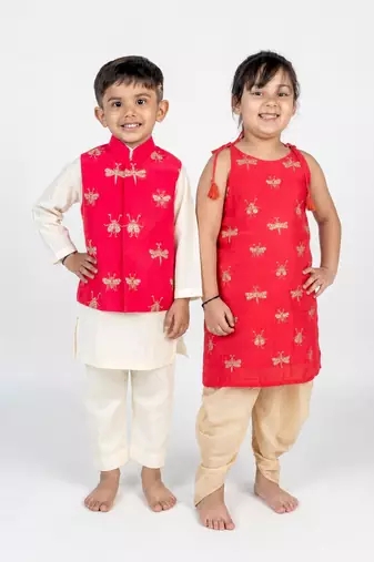 Orange & pink embroidered cotton kurta set & kurta jacket brother sister matching combo