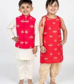 Orange & pink embroidered cotton kurta set & kurta jacket brother sister matching combo