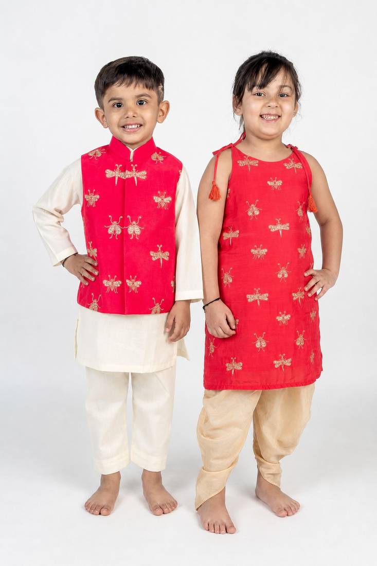 Orange & pink embroidered cotton kurta set & kurta jacket brother sister matching combo