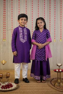 Purple bandhani & block printed cotton silk sharara set & kurta pyjama brother sister matching combo 1