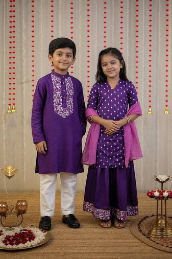 Purple bandhani & block printed cotton silk sharara set & kurta pyjama brother sister matching combo