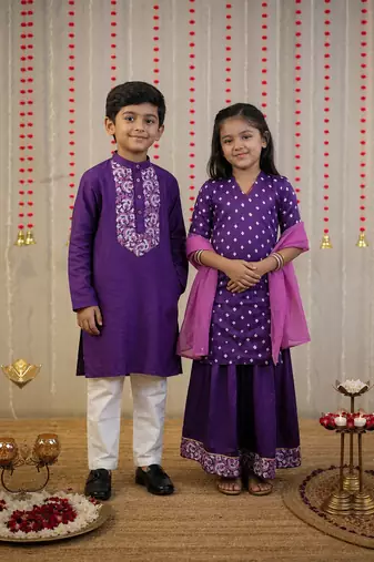Purple bandhani & block printed cotton silk sharara set & kurta pyjama brother sister matching combo