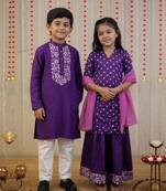 Purple bandhani & block printed cotton silk sharara set & kurta pyjama brother sister matching combo