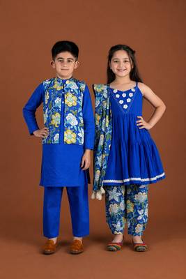 Royal blue printed cotton kurta set & kurta jacket brother sister matching combo 1