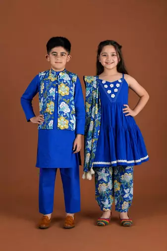Royal blue printed cotton kurta set & kurta jacket brother sister matching combo