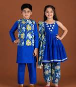 Royal blue printed cotton kurta set & kurta jacket brother sister matching combo