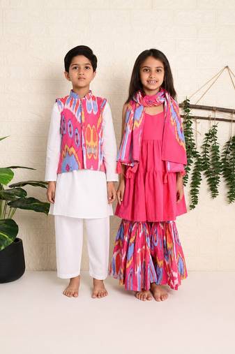Pink ikat cotton sharara set & kurta jacket brother sister matching combo