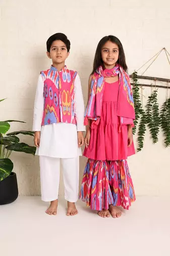 Pink ikat cotton sharara set & kurta jacket brother sister matching combo