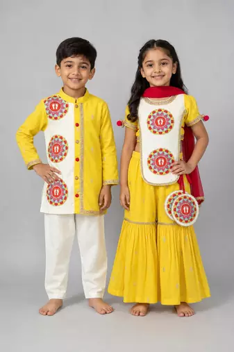 Yellow embroidered & printed cotton silk sharara set & kurta pyjama brother sister matching combo