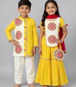 Yellow embroidered & printed cotton silk sharara set & kurta pyjama brother sister matching combo